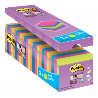 Memoblok Post-it 654 Super Sticky 76x76mm 21+3 gratis assorti