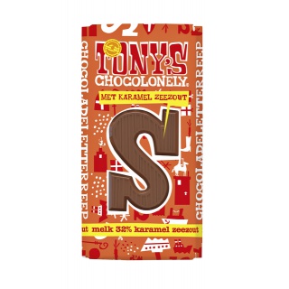Chocoladeletter Tony's Chocolonely melk karamel zeezout S 180gr